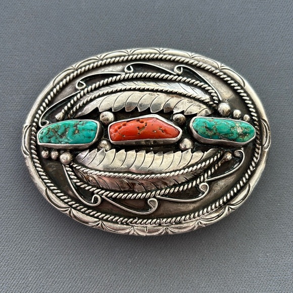 VTG AMS Native American Sterling Turquoise Coral Belt Buckle - Picture 1 of 4